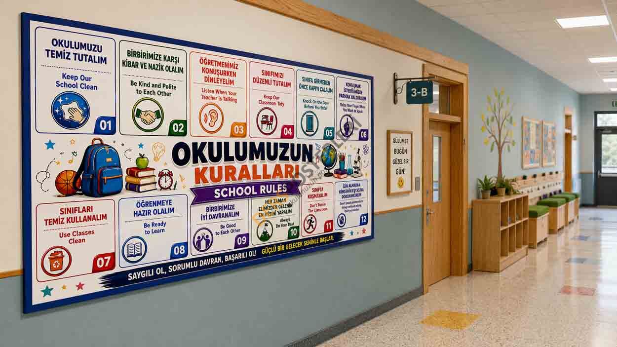 Okul Kuralları Posteri İngilizce Türkçe