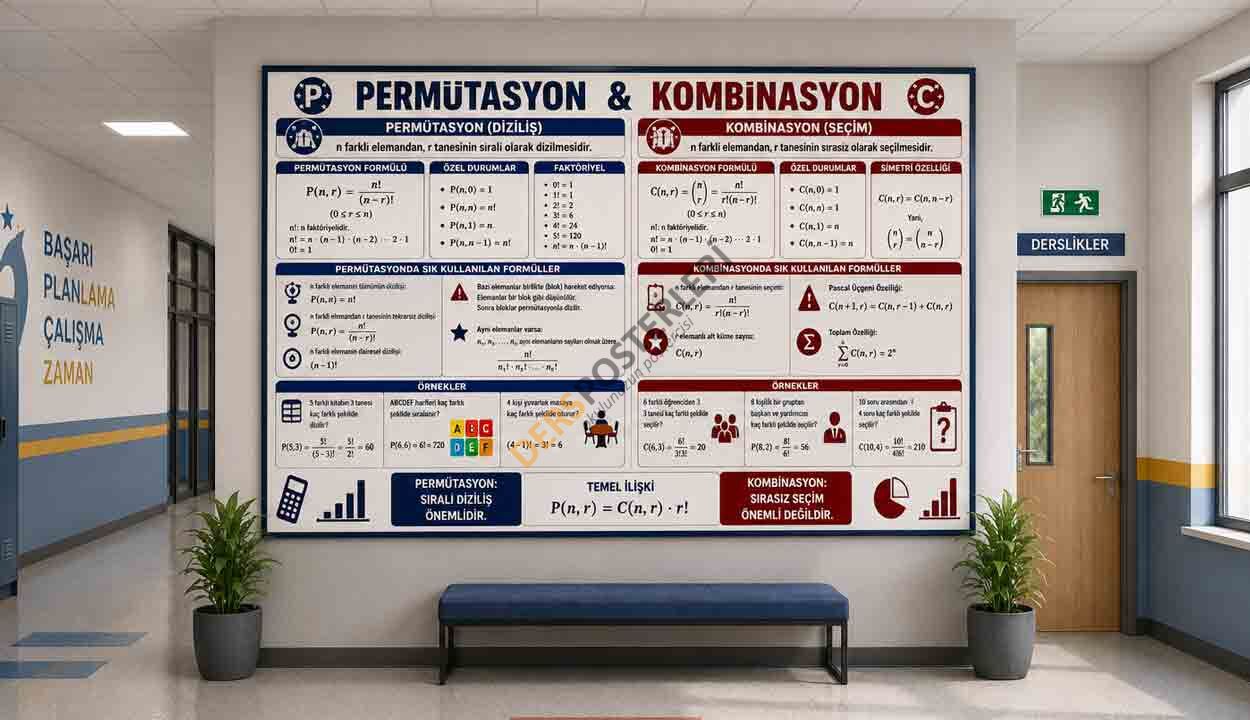 Permütasyon Kombinasyon Matematik Okul Posteri