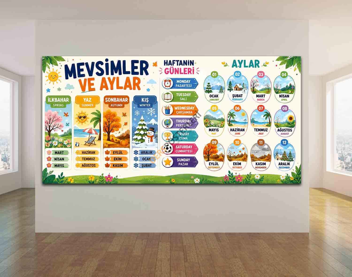 İngilizce Mevsimler Aylar Günler Okul Posteri